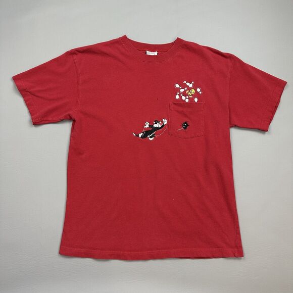 Vintage Looney Tunes Shirt Mens Small Red Sylvester Tweety Bird Bowl Pocket Tee - Picture 1 of 15
